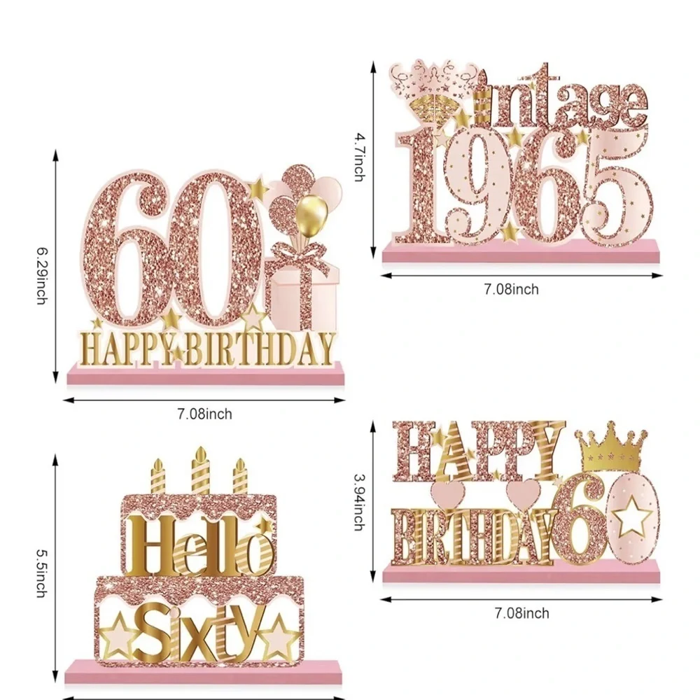 60th Birthday Pink Rose Gold Happy Birthday Party Wood Glitter Centerpieces EUC
